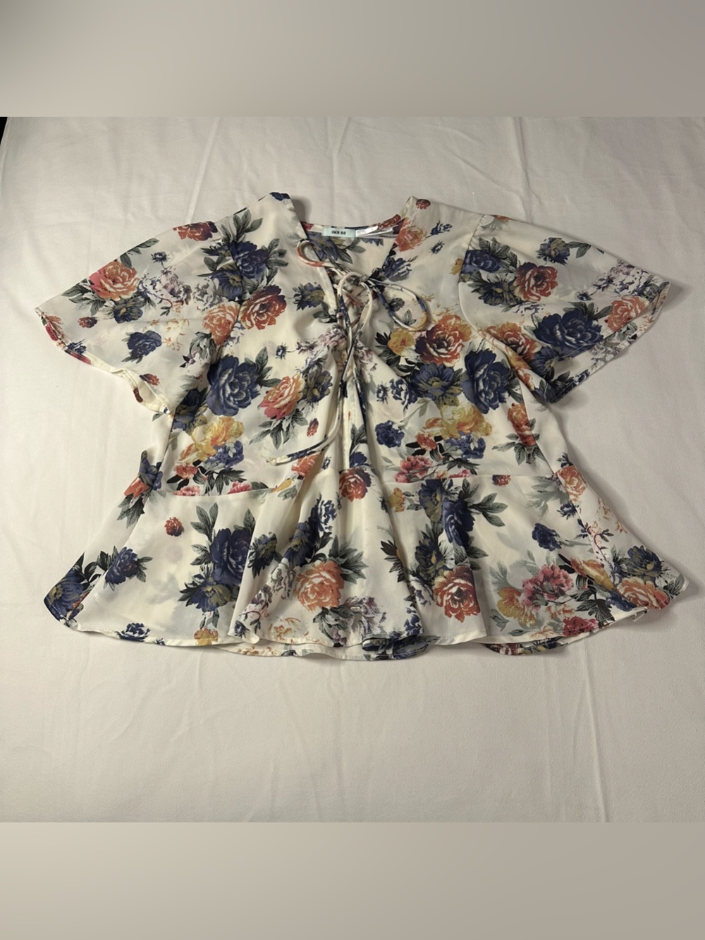 Romantic Kimchi Blue Ivory Floral Peplum Blouse tie up bow detail cottagecore S